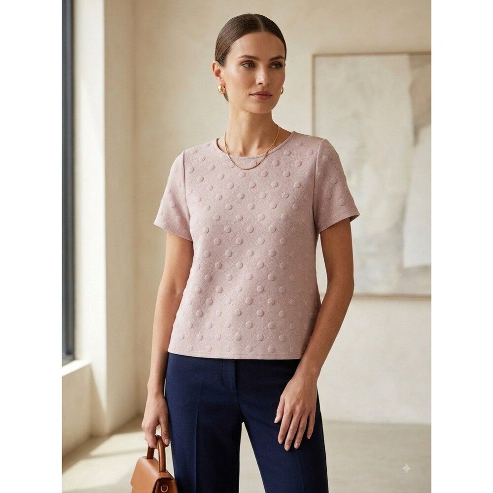 W5 Anthropologie Pink Textured Polka Dot Top Sz M Short Sleeve Back Zip High Low